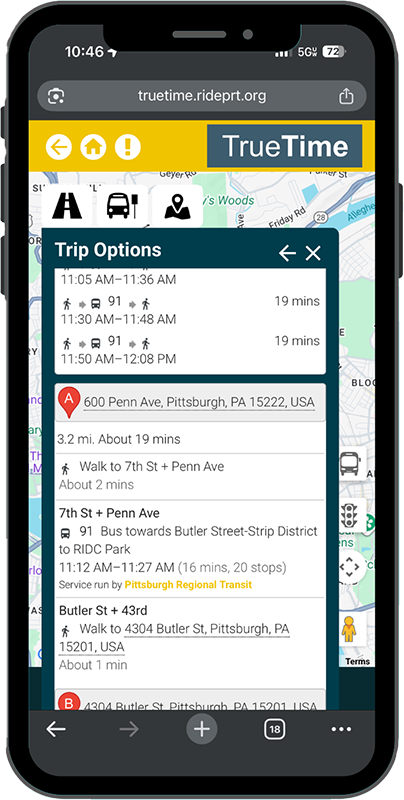 A graphic of a phone displaying the trip planning functionality of TrueTime